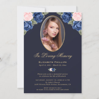 Blått Rosa Guld Blommigt Foto Memorial Funeral Inbjudningar