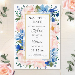 Blått  Rosa Guld Watercolor Blommigt Bröllop Spara Datumet