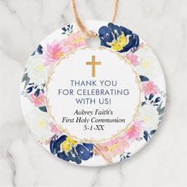 Blått rosa gult blommigt första gemensamsbaptism gåvor etiketter