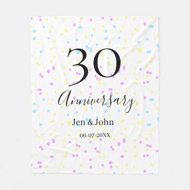 Blått rosa gult polka dots 30-årsjubileum namn fleecefilt (Framsidan)