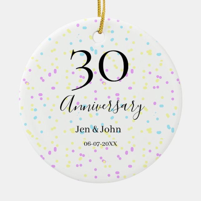 Blått rosa gult polka dots 30-årsjubileum namn julgransprydnad keramik (Framsidan)