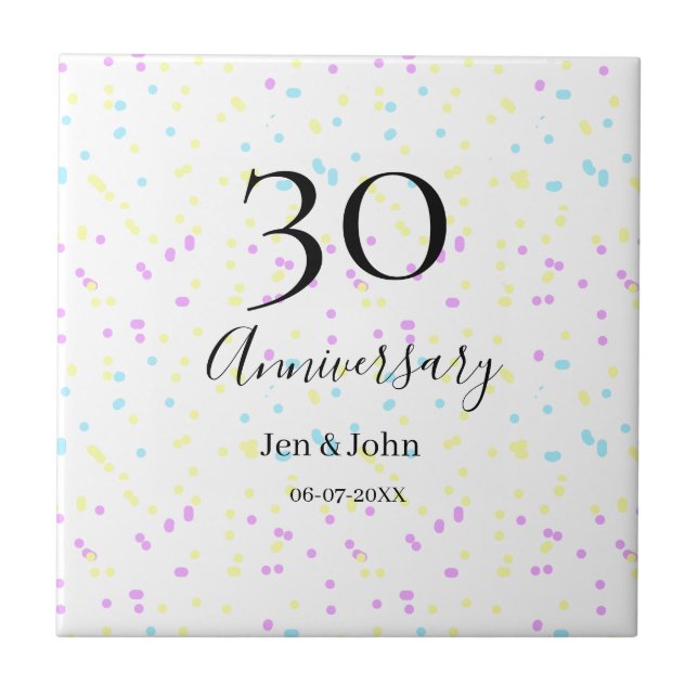 Blått rosa gult polka dots 30-årsjubileum namn kakelplatta (Framsidan)