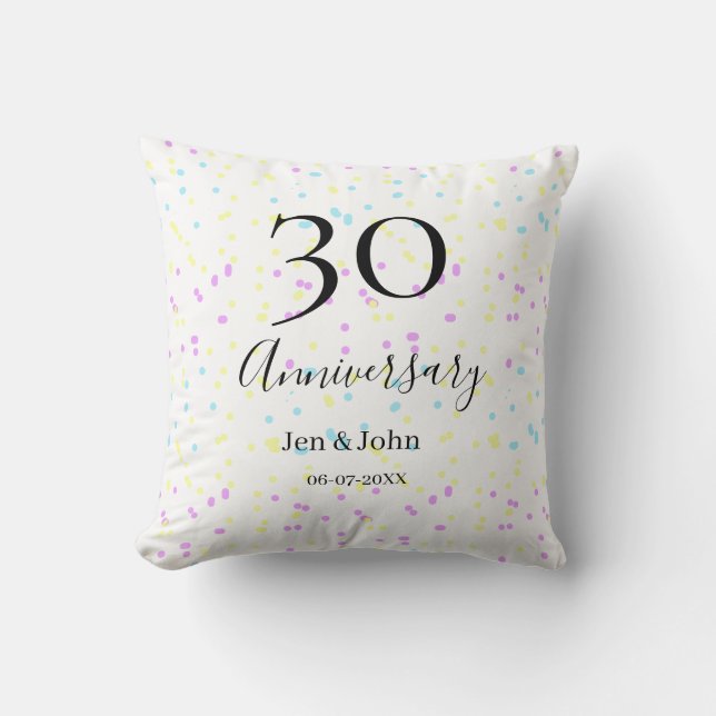 Blått rosa gult polka dots 30-årsjubileum namn kudde (Framsida)