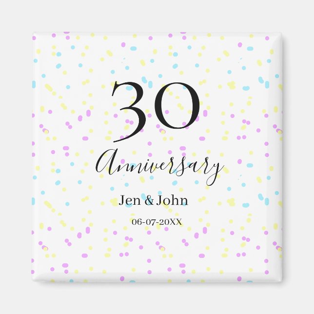 Blått rosa gult polka dots 30-årsjubileum namn magnet (Framsidan)