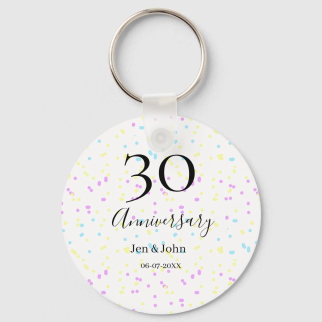Blått rosa gult polka dots 30-årsjubileum namn nyckelring (Framsida)