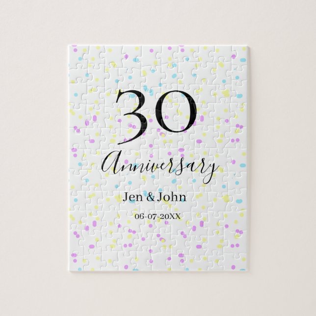 Blått rosa gult polka dots 30-årsjubileum namn pussel (Vertikal)