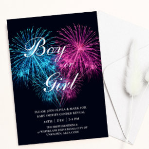 Blått Rosa Heart Fireworks Baby Gender Reveal Inbjudningar