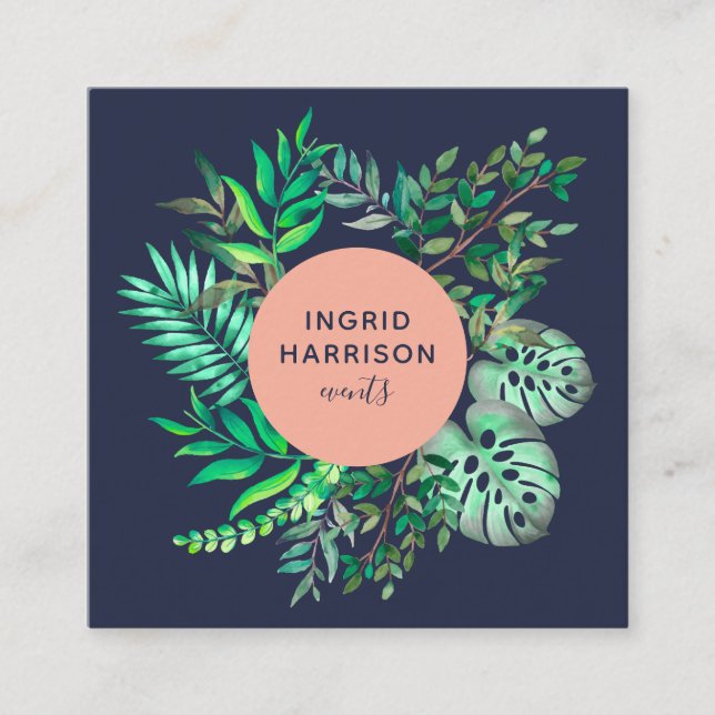 Blått rosa i botanisk elegant med vattenfärg fyrkantigt visitkort (Framsida)