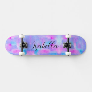 Blått Rosa Lila Personlig med vattenfärg Målad  Mini Skateboard Bräda 18,5 Cm