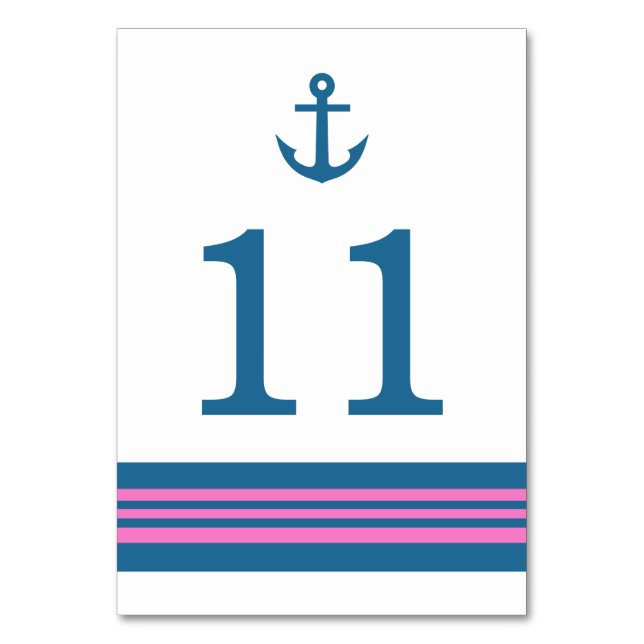 Blått Rosa Nautical Anchor Bord-kort Bordsnummer (Framsidan)