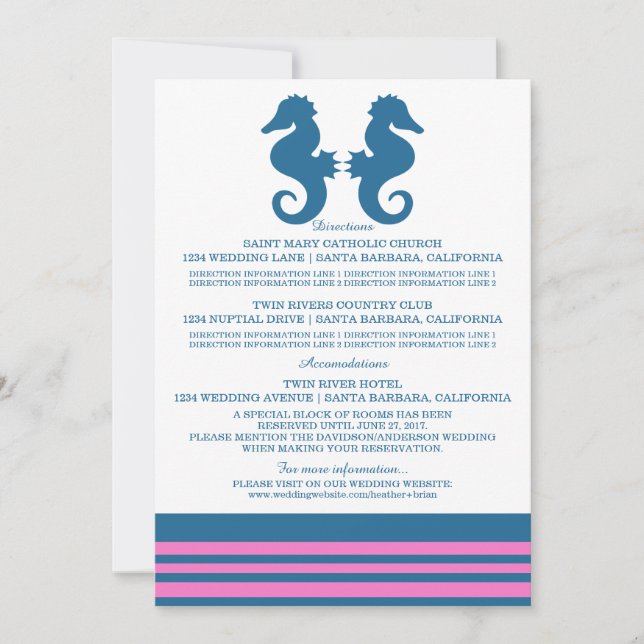 Blått Rosa Nautical Seahorse Information Card Inbjudningar (Framsida)