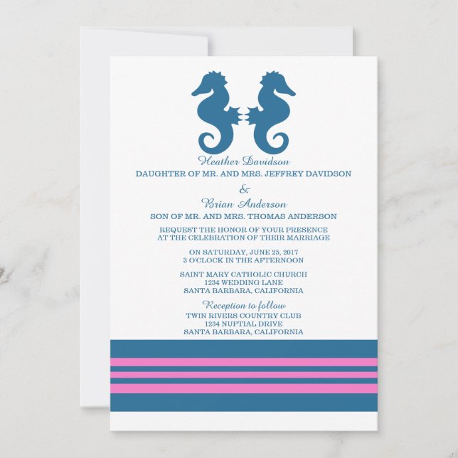 Blått Rosa Nautical Seahorse Wedding bjudande in Inbjudningar (Framsida)