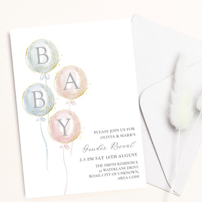 Blått Rosa och Guld Baby Balloons Gender Reveal Inbjudningar (Skapare uppladdad)