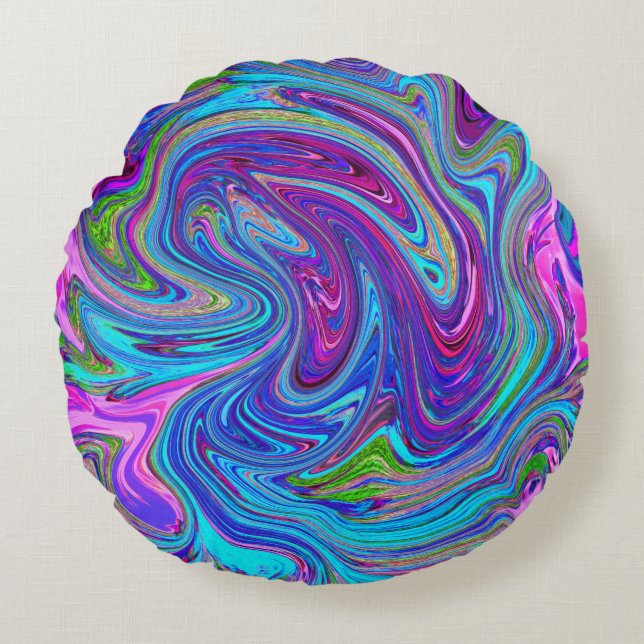 Blått, Rosa och Lila Groovy Abstrakt Retro Art. Rund Kudde (Framsidan)