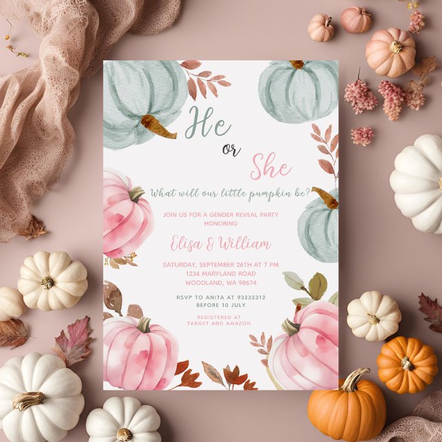 Blått Rosa Pumpkin Fall Gender Reveal-inbjudan Inbjudningar (Skapare uppladdad)