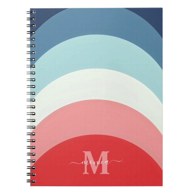 Blått Rosa-regnbågskurva Rand Monogram Namn Anteckningsbok (Framsidan)