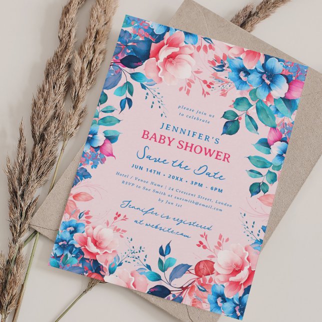 Blått rosa Spara datum - rensning för Florens baby Inbjudningar (Floral Baby Shower Blue Pink Save Date Blush Invitation)