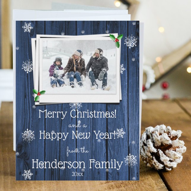 Blått rosenfärgat platt Helgdag-fotokort Julkort (Blue Rustic Wooden Christmas Photo Card)