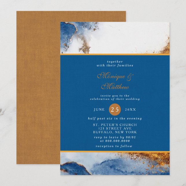 Blått rosenfärgskoppel Vattenfärgsagat Bröllop Inbjudningar (Fram/baksida)