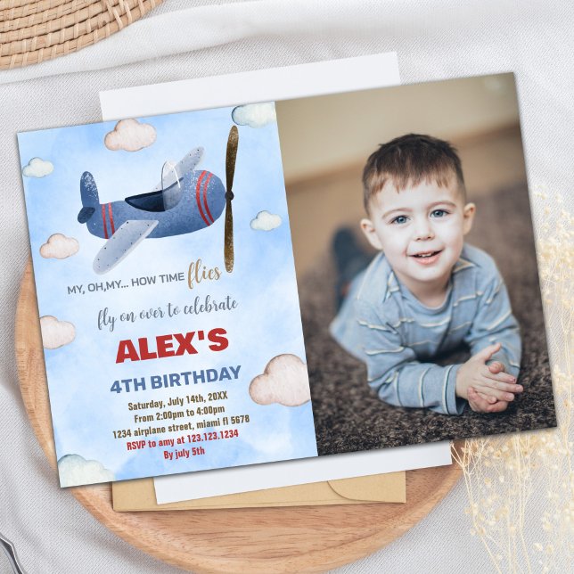 Blått rött med foto på flygplanet inbjudningar (Airplane Birthday Invitations Blue Red With photo)