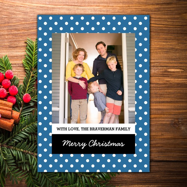 Blått rött Polka-Helgdag-foto-plattkort Julkort (Blue Sweet Polka Dot Holiday Photo Card)