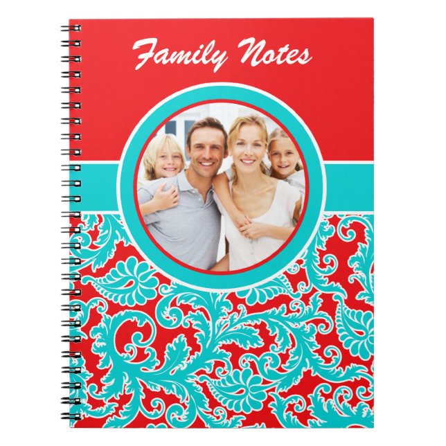 Blått rött, vitt skrivbord - familjanteckningsbok  anteckningsbok med spiral (Framsidan)