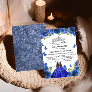 Blått Royal Blommigt Butterfly Twin Quinceanera Inbjudningar