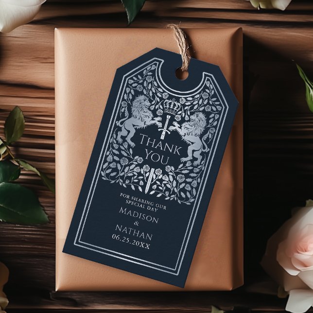 Blått Royal Lejont medeltida ord Bröllop Tack Presentetikett (Skapare uppladdad)