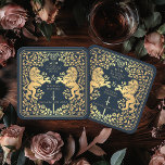 Blått Royal Lejont medeltida ord Bröllop Underlägg Papper Kvadrat<br><div class="desc">Lägg till royal-charm till tabellutrymningen! Dessa personligt bröllp-underlägg har en stor lejon och blommigt utformning med namn och monogram, allt i lyxiga guld mot blå bakgrund. Perfekt för ett medeltida fantasi firande med tidlös elegans! Den guld som finns på den här posten är INTE äkta och trycks i platt färg....</div>