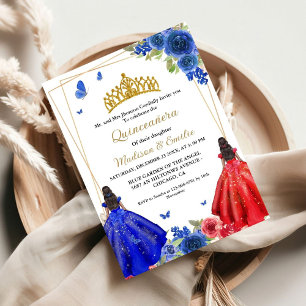 Blått Royal och rödfjäril Twin Quinceanera Inbjudningar
