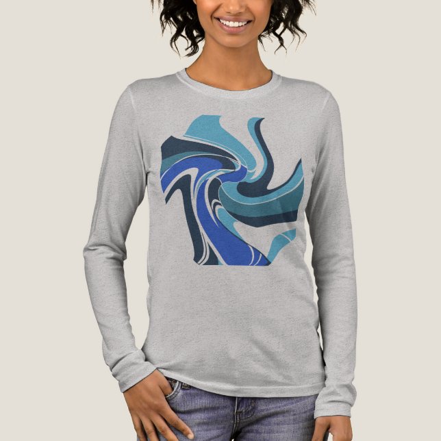 Blått Royal Teal Swirling Abstrakt Flower Motif T Shirt (Framsida)