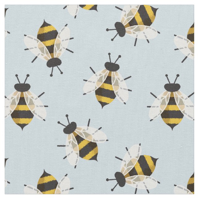 Blått Rustic Illustrated Bee Fabric Tyg (Närbild)