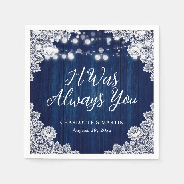 Blått Rustic Wood Blommigt Snöre Bröllop Pappersservett (Framsidan)