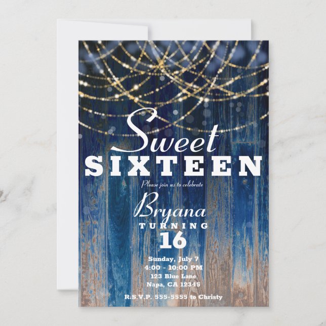 Blått Rustik kustlada Trä Bokeh Sweet 16 Inbjudningar (Framsida)