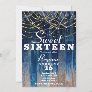 Blått Rustik kustlada Trä Bokeh Sweet 16 Inbjudningar