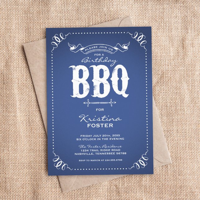 Blått, rustiskt Födelsedagsfest BBQ Inbjudningar (Skapare uppladdad)