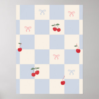 Blått rutigt mönster med körsbär poster