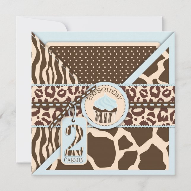 Blått Safari Animal Print & Cupaka Andra födelseda Inbjudningar (Framsida)