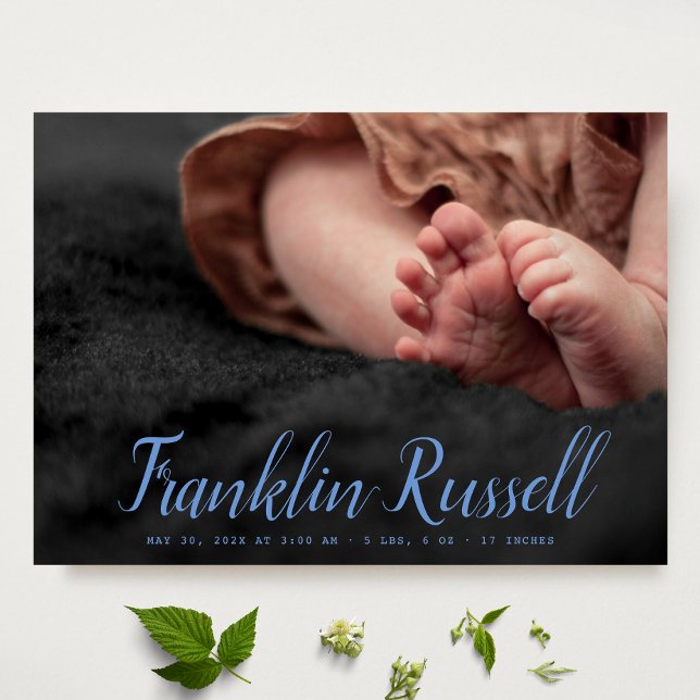 Blått SCRIPT Namn-pojke Baby-meddelande Inbjudningar (Skapare uppladdad)