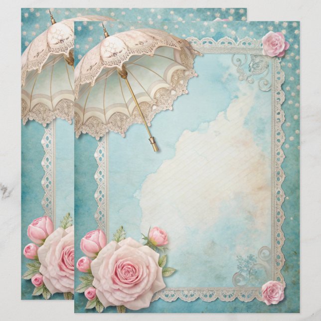 Blått Shabby Chic Scrapbookpapper  (Fram/baksida)