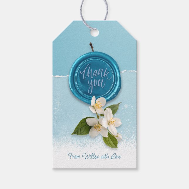 Blått sigill med vita blommor Tack Presentetikett (Framsidan)