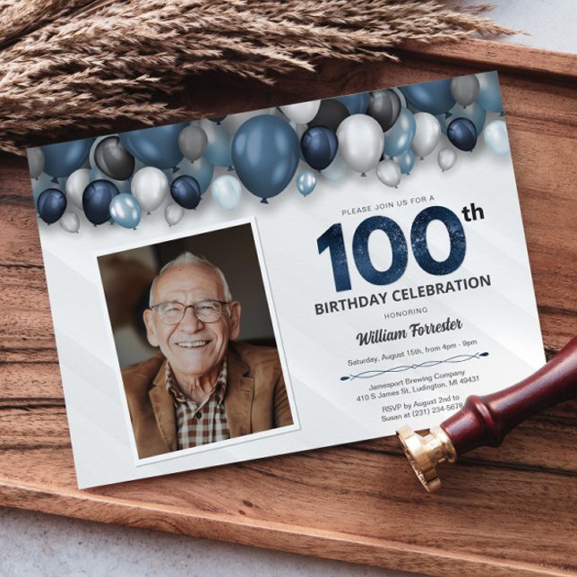 Blått Silver Black & White 100:e födelsedagsfoto Inbjudningar (Blue Silver Black & White 100th Birthday Photo Invitation)