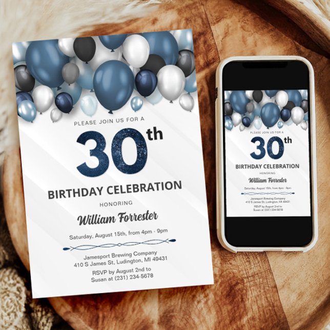Blått Silver Black & White 30års födelsedag-inbjud Inbjudningar (Blue Silver Black & White 30th Birthday Invitation)