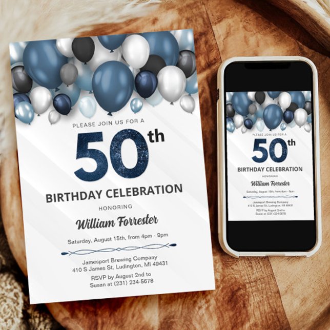 Blått Silver Black & White 50:e födelsedagsinbjuda Inbjudningar (Blue Silver Black & White 50th Birthday Invitation)
