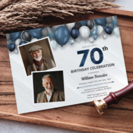 Blått Silver Black & White 70:e födelsedag 2 foto Inbjudningar