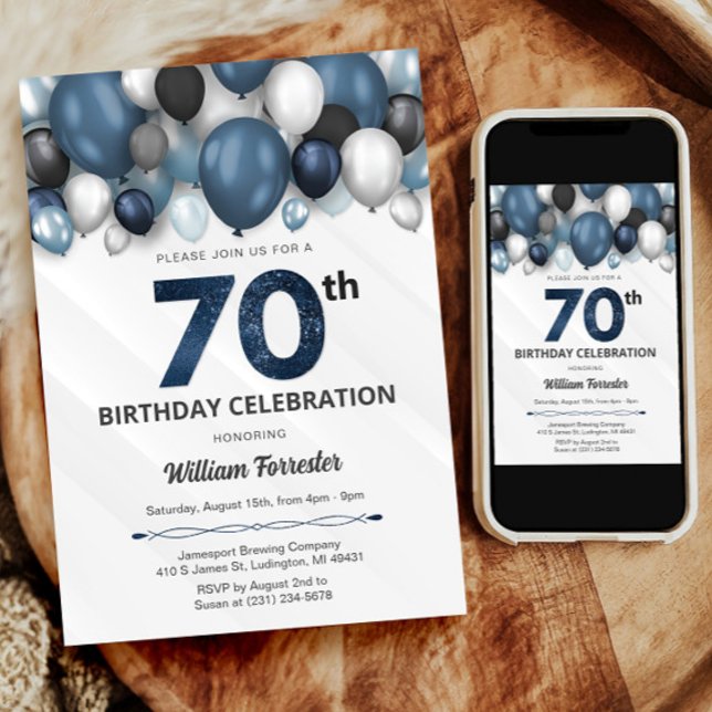 Blått Silver Black & White 70:e födelsedagsinbjuda Inbjudningar (Blue Silver Black & White 70th Birthday Invitation)