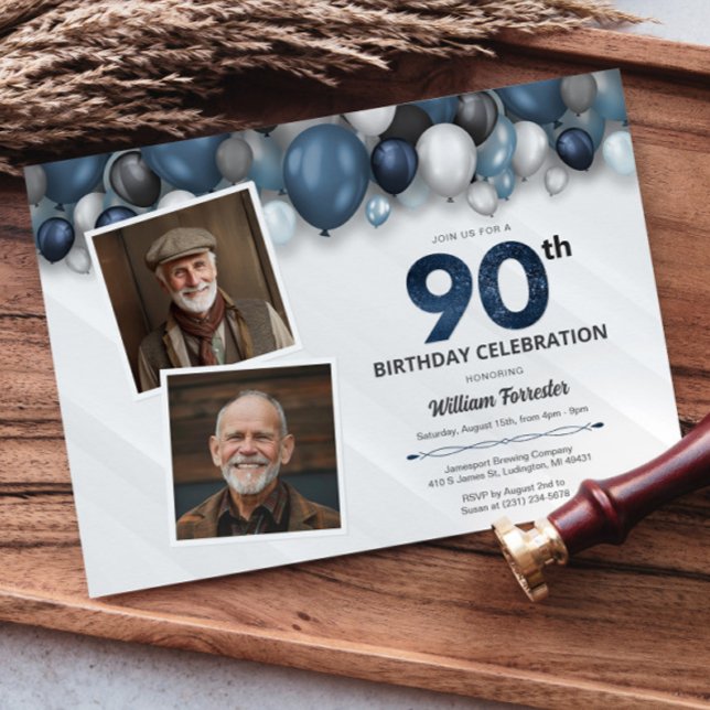 Blått Silver Black & White 90:e Birthday 2-foto Inbjudningar (Blue Silver Black & White 90th Birthday 2 Photo Invitation)
