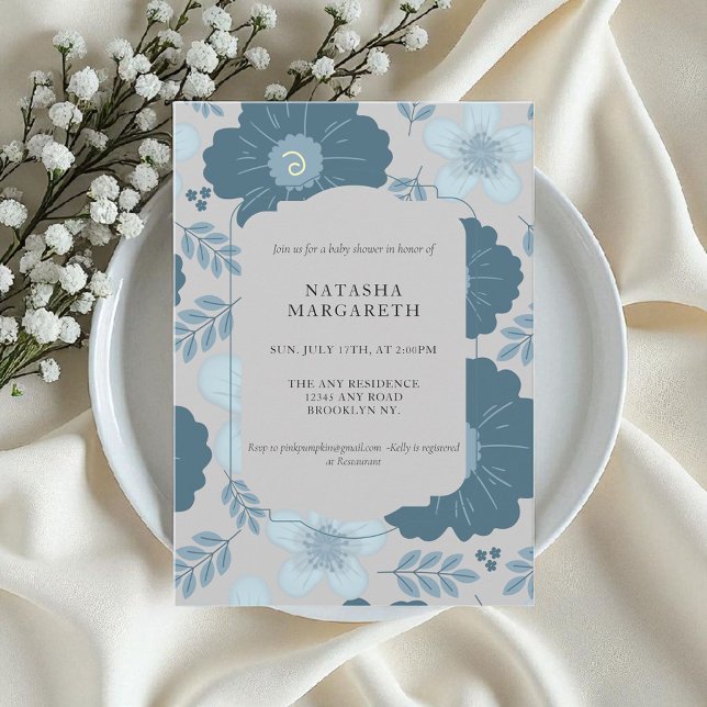 Blått Silver Blommigt, babykläder, Elegant Boho Inbjudningar (Skapare uppladdad)