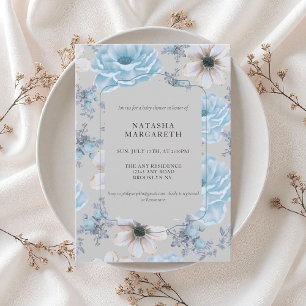 Blått Silver Blommigt, babykläder, Elegant Boho Inbjudningar