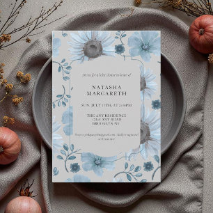 Blått Silver Blommigt, babykläder, Elegant Boho Inbjudningar